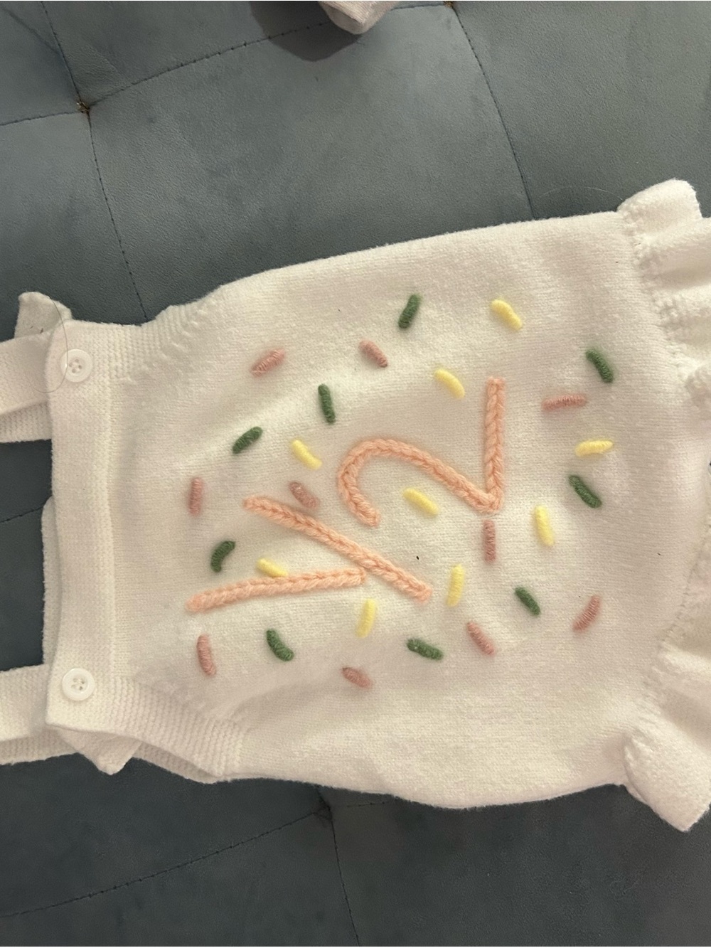 Kids White Knit Romper with Pastel Embroidery